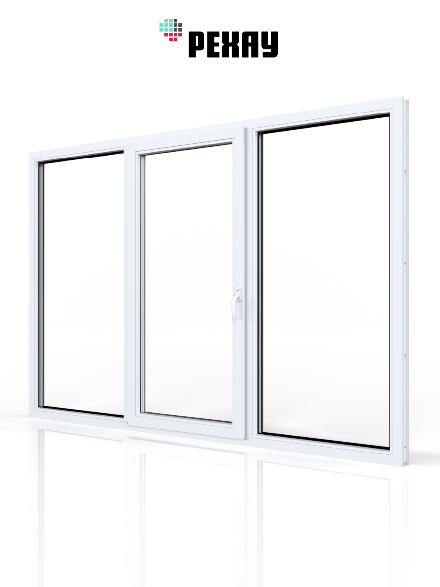 РЕХАУ Окно ПВХ CONSTANTA 1400х1800 мм (ВхШ), трехстворчатое, глухое / поворотно-откидное левое / глухое, двухкамерный стеклопакет белое