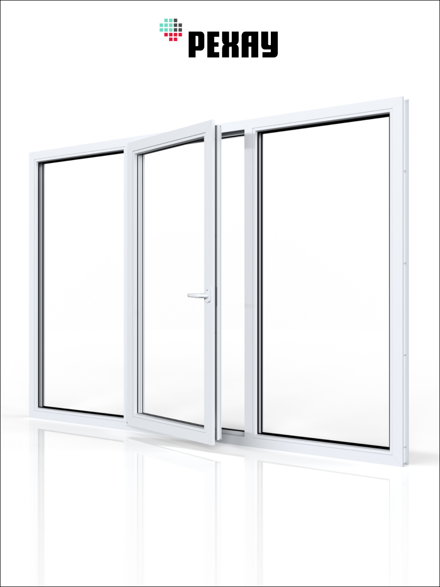 РЕХАУ Окно ПВХ CONSTANTA 1400х1800 мм (ВхШ), трехстворчатое, глухое / поворотно-откидное левое / глухое, двухкамерный стеклопакет белое